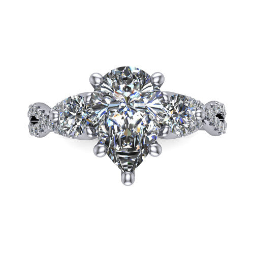 Ryleigh pear three stone engagement ring in Platinum, top-down view showing the pear center flanked by two round accent diamonds and the pav&eacute; twist