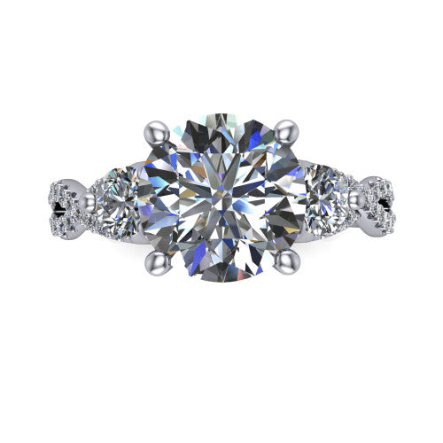 Ryleigh round three stone engagement ring in 14K White Gold, top-down view showing the round center flanked by two round accent diamonds and the pav&eacute; twist