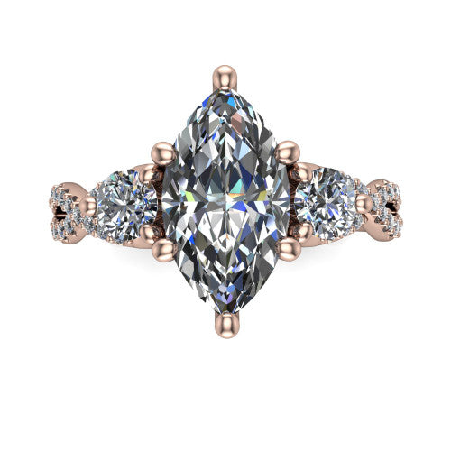 Ryleigh marquise three stone engagement ring in 18K Rose Gold, top-down view showing the marquise center flanked by two round accent diamonds and the pav&eacute; twist
