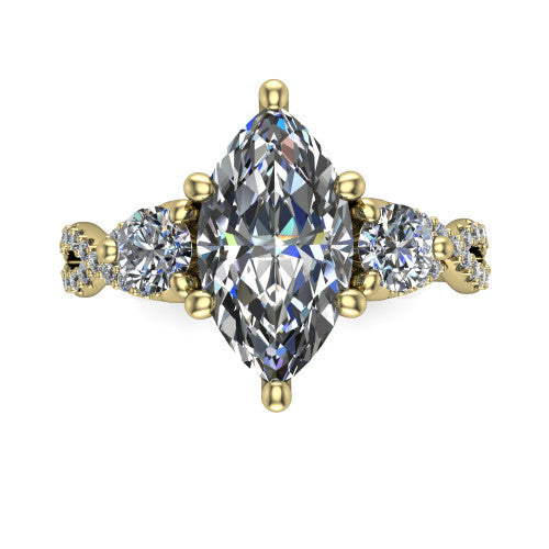 Ryleigh marquise three stone engagement ring in 14K Yellow Gold, top-down view showing the marquise center flanked by two round accent diamonds and the pav&eacute; twist