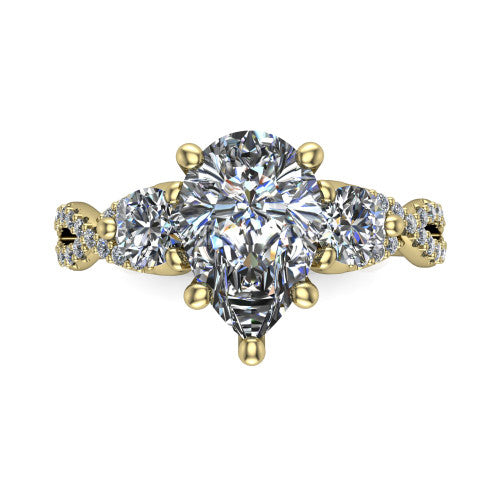Ryleigh pear three stone engagement ring in 14K Yellow Gold, top-down view showing the pear center flanked by two round accent diamonds and the pav&eacute; twist