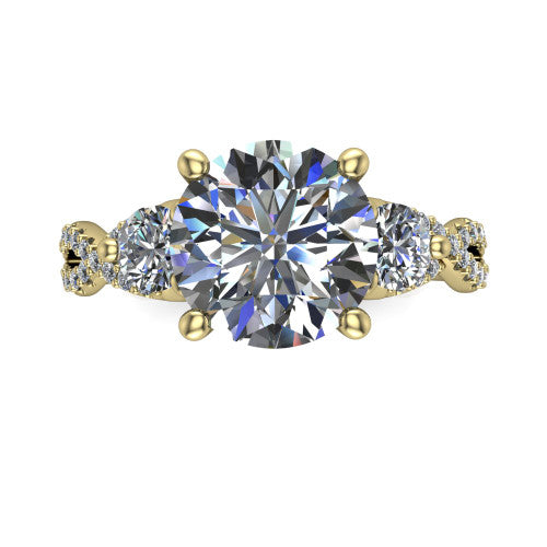 Ryleigh round three stone engagement ring in 14K Yellow Gold, top-down view showing the round center flanked by two round accent diamonds and the pav&eacute; twist