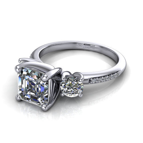 Alice Square Emerald Shape Three Stone Engagement Ring in 18K White Gold