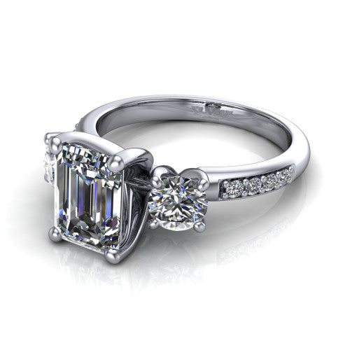 Alice Emerald Shape Three Stone Engagement Ring in 18K White Gold