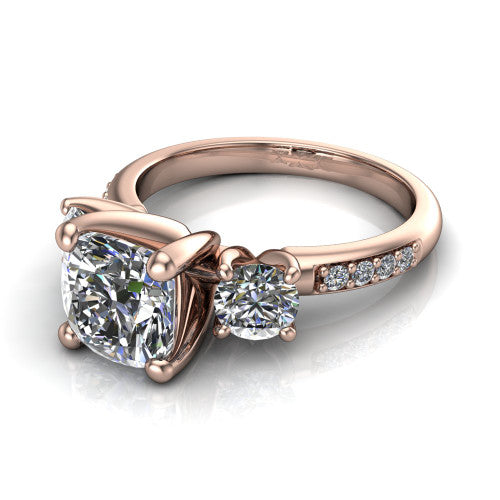 Alice Cushion Shape Three Stone Engagement Ring in 14K Rose Gold