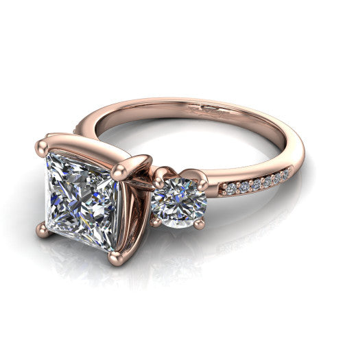 Alice Princess Shape Three Stone Engagement Ring in 14K Rose Gold