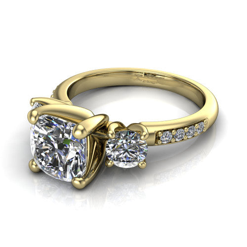 Alice Cushion Shape Three Stone Engagement Ring in 18K Yellow Gold