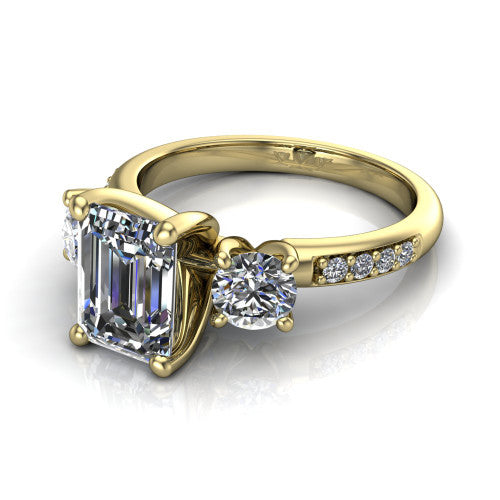 Alice Emerald Shape Three Stone Engagement Ring in 14K Yellow Gold