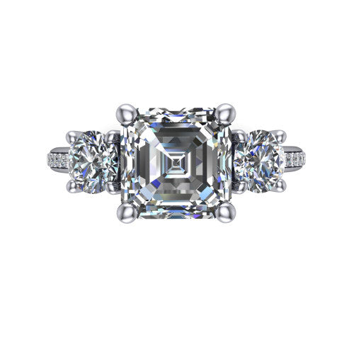 Alice Square Emerald Shape Three Stone Engagement Ring in 14K White Gold