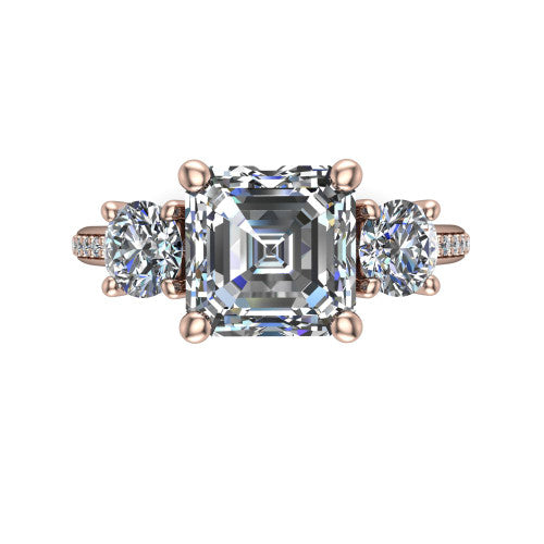 Alice Square Emerald Shape Three Stone Engagement Ring in 18K Rose Gold
