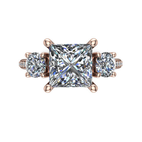 Alice Princess Shape Three Stone Engagement Ring in 14K Rose Gold