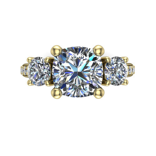 Alice Cushion Shape Three Stone Engagement Ring in 14K Yellow Gold