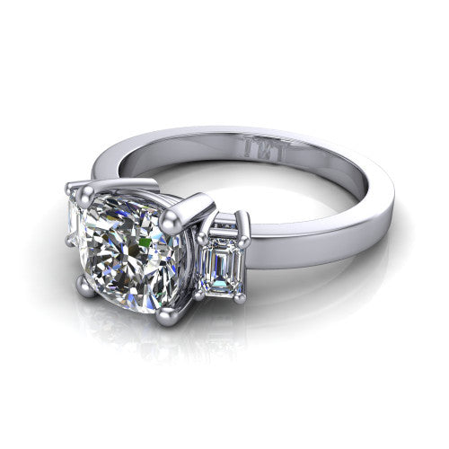 Madelyn cushion three stone engagement ring in Platinum with emerald-cut side stones, three-quarter perspective view