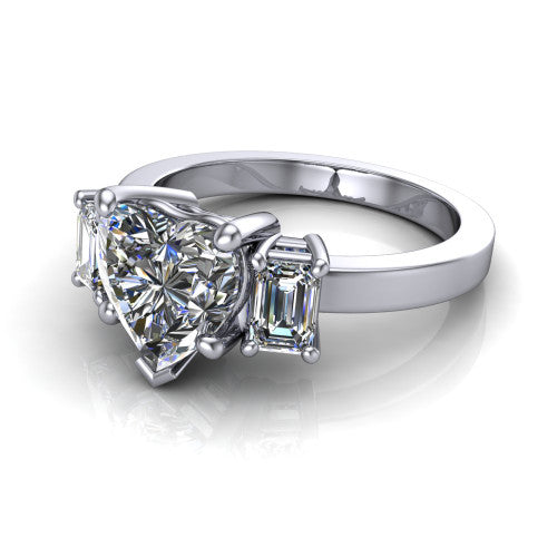 Madelyn heart three stone engagement ring in 14K White Gold with emerald-cut side stones, three-quarter perspective view