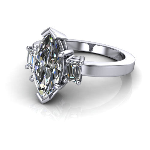 Madelyn marquise three stone engagement ring in 18K White Gold with emerald-cut side stones, three-quarter perspective view