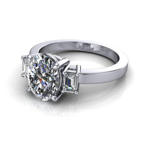 Madelyn oval three stone engagement ring in 14K White Gold with emerald-cut side stones, three-quarter perspective view