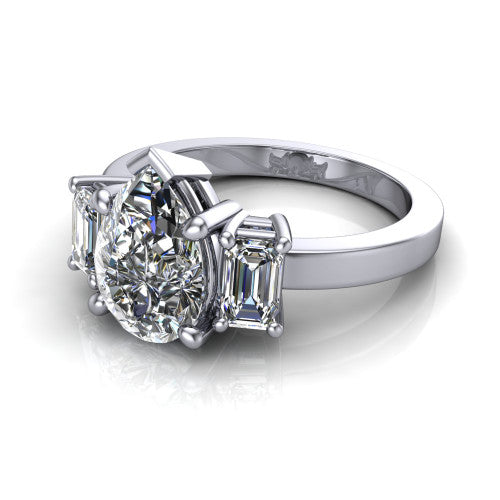 Madelyn pear three stone engagement ring in 14K White Gold with emerald-cut side stones, three-quarter perspective view