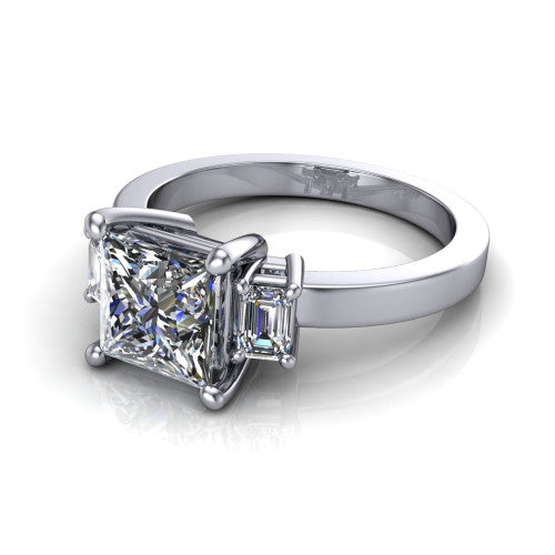 Madelyn princess three stone engagement ring in 14K White Gold with emerald-cut side stones, three-quarter perspective view