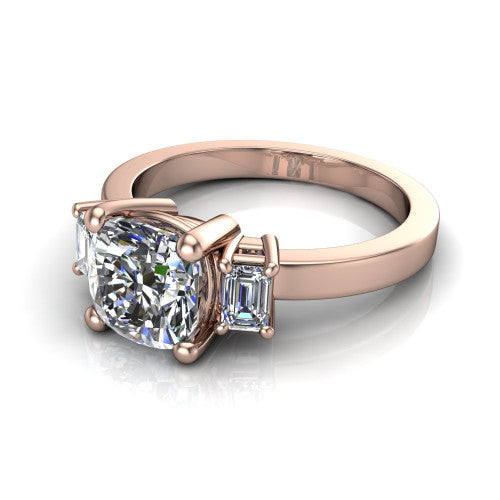 Madelyn cushion three stone engagement ring in 18K Rose Gold with emerald-cut side stones, three-quarter perspective view
