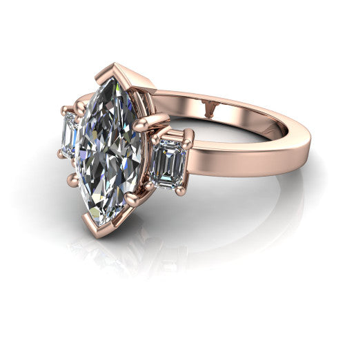 Madelyn marquise three stone engagement ring in 18K Rose Gold with emerald-cut side stones, three-quarter perspective view