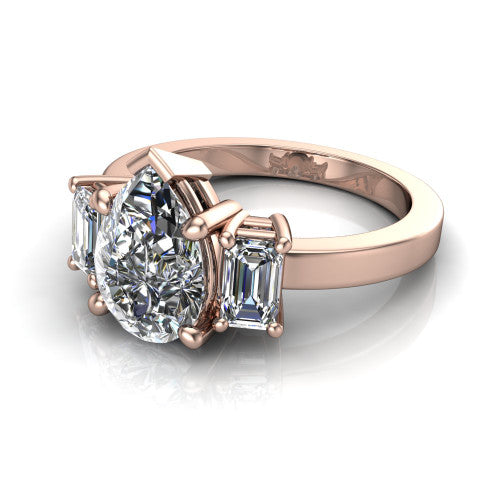 Madelyn pear three stone engagement ring in 14K Rose Gold with emerald-cut side stones, three-quarter perspective view