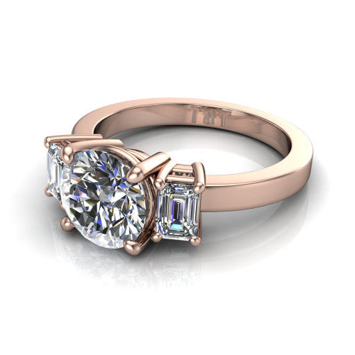 Madelyn round three stone engagement ring in 14K Rose Gold with emerald-cut side stones, three-quarter perspective view
