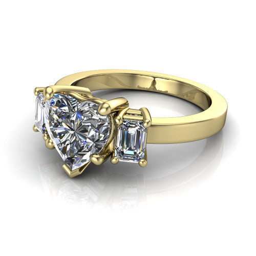 Madelyn heart three stone engagement ring in 18K Yellow Gold with emerald-cut side stones, three-quarter perspective view