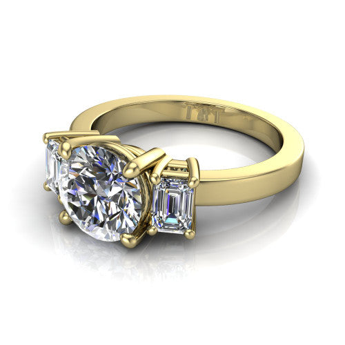 Madelyn round three stone engagement ring in 14K Yellow Gold with emerald-cut side stones, three-quarter perspective view