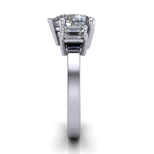 Madelyn heart three stone engagement ring in Platinum with emerald-cut side stones, side profile showing the plain band and step-cut side stones
