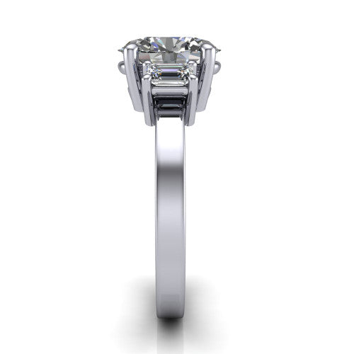 Madelyn oval three stone engagement ring in 14K White Gold with emerald-cut side stones, side profile showing the plain band and step-cut side stones