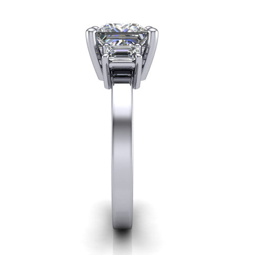 Madelyn princess three stone engagement ring in Platinum with emerald-cut side stones, side profile showing the plain band and step-cut side stones