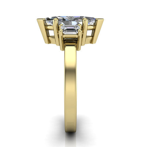Madelyn marquise three stone engagement ring in 18K Yellow Gold with emerald-cut side stones, side profile showing the plain band and step-cut side stones