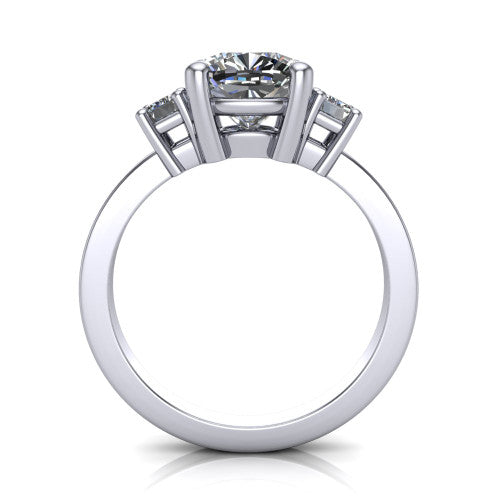 Madelyn cushion three stone engagement ring in 18K White Gold with emerald-cut side stones, through-finger front profile