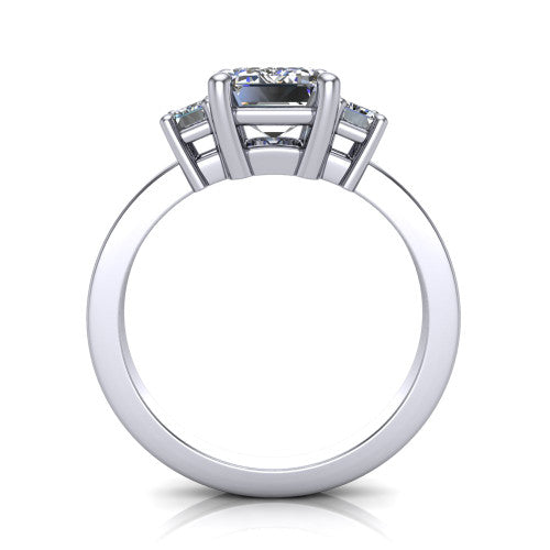 Madelyn emerald three stone engagement ring in 18K White Gold with emerald-cut side stones, through-finger front profile
