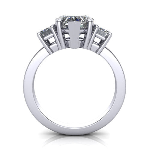 Madelyn heart three stone engagement ring in Platinum with emerald-cut side stones, through-finger front profile
