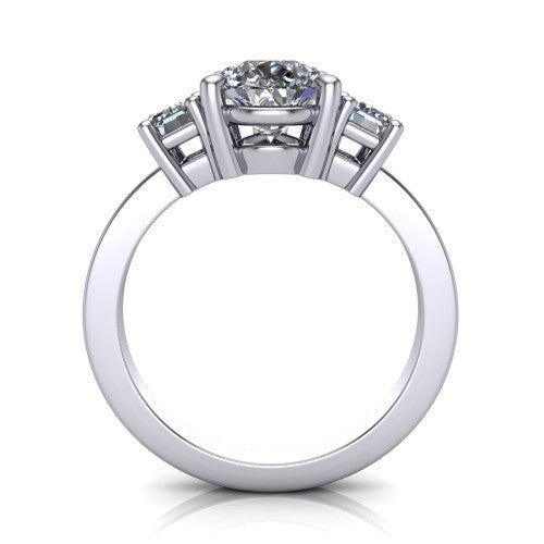 Madelyn pear three stone engagement ring in Platinum with emerald-cut side stones, through-finger front profile