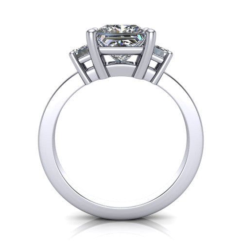 Madelyn princess three stone engagement ring in 14K White Gold with emerald-cut side stones, through-finger front profile