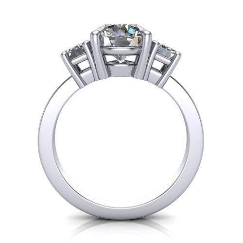 Madelyn round three stone engagement ring in 18K White Gold with emerald-cut side stones, through-finger front profile
