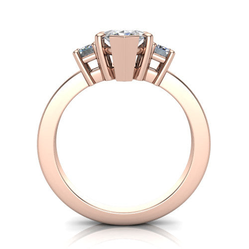 Madelyn marquise three stone engagement ring in 14K Rose Gold with emerald-cut side stones, through-finger front profile