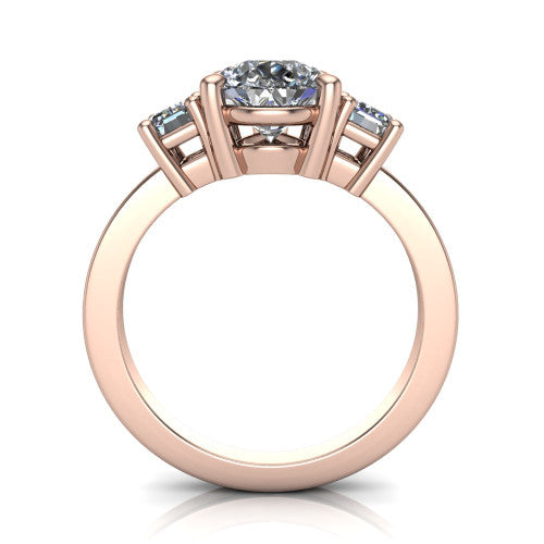 Madelyn pear three stone engagement ring in 14K Rose Gold with emerald-cut side stones, through-finger front profile