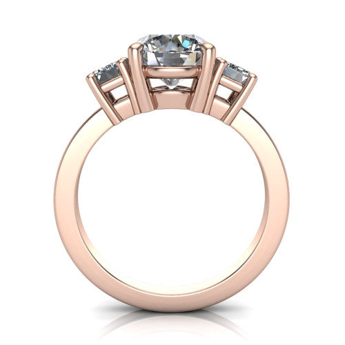 Madelyn round three stone engagement ring in 14K Rose Gold with emerald-cut side stones, through-finger front profile
