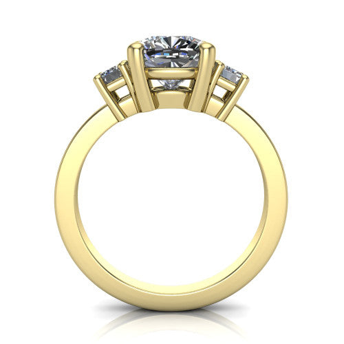 Madelyn cushion three stone engagement ring in 14K Yellow Gold with emerald-cut side stones, through-finger front profile
