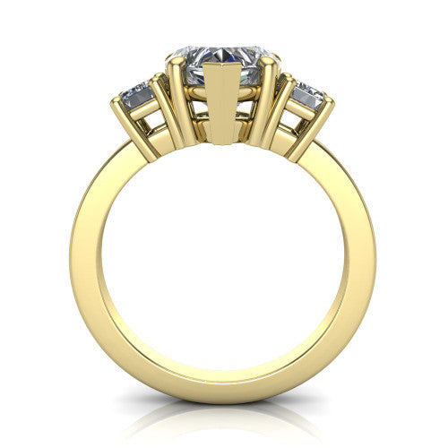 Madelyn heart three stone engagement ring in 14K Yellow Gold with emerald-cut side stones, through-finger front profile