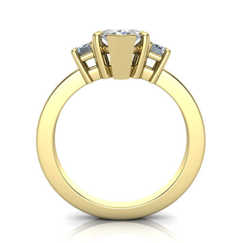 Madelyn marquise three stone engagement ring in 14K Yellow Gold with emerald-cut side stones, through-finger front profile