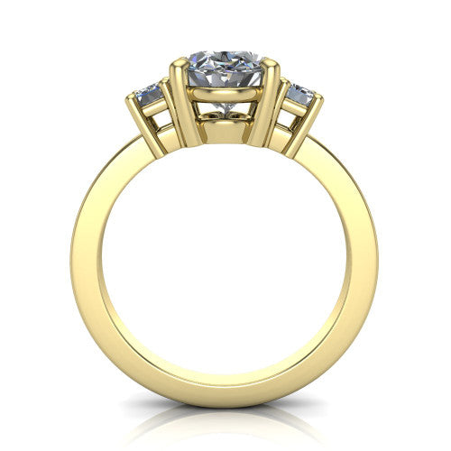 Madelyn oval three stone engagement ring in 18K Yellow Gold with emerald-cut side stones, through-finger front profile