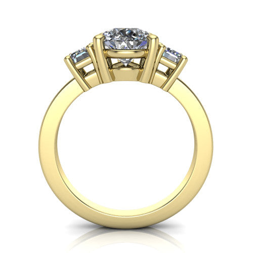 Madelyn pear three stone engagement ring in 14K Yellow Gold with emerald-cut side stones, through-finger front profile