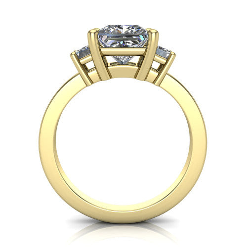 Madelyn princess three stone engagement ring in 18K Yellow Gold with emerald-cut side stones, through-finger front profile