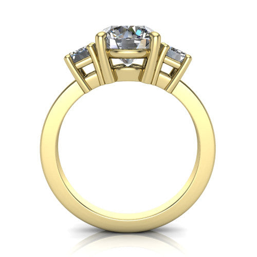 Madelyn round three stone engagement ring in 18K Yellow Gold with emerald-cut side stones, through-finger front profile