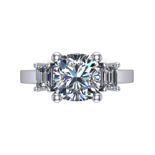 Madelyn cushion three stone engagement ring in 18K White Gold with emerald-cut side stones, top-down view of the center and emerald-cut side stones