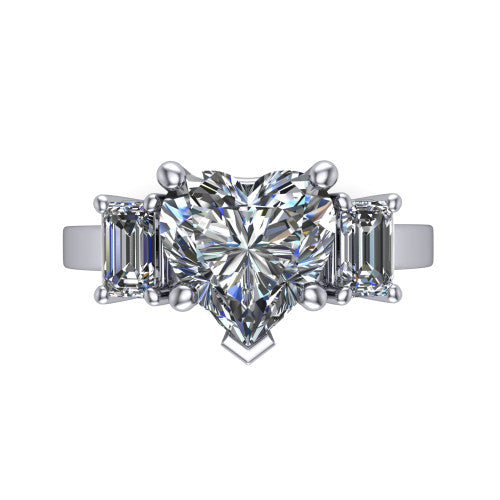 Madelyn heart three stone engagement ring in Platinum with emerald-cut side stones, top-down view of the center and emerald-cut side stones